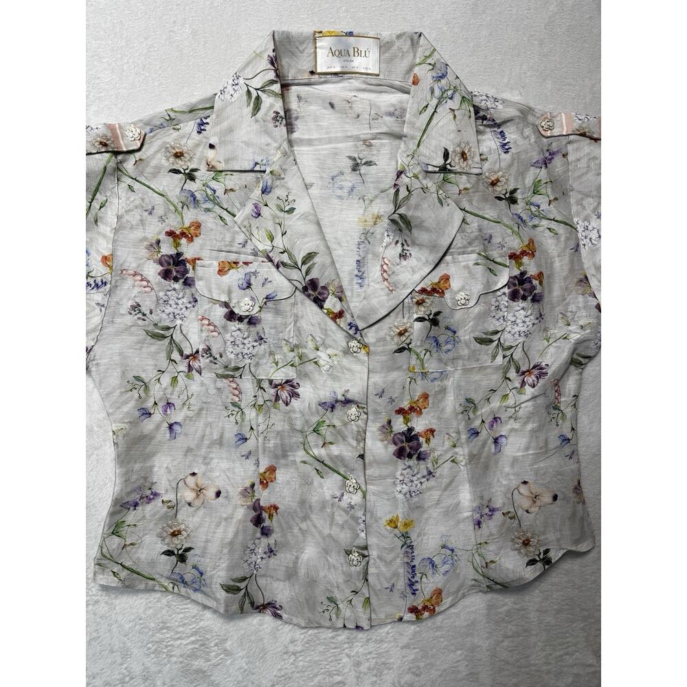 Aqua Blu Atelier French Linen & Mulberry Silk Blouse Jacquard Florals Size 10